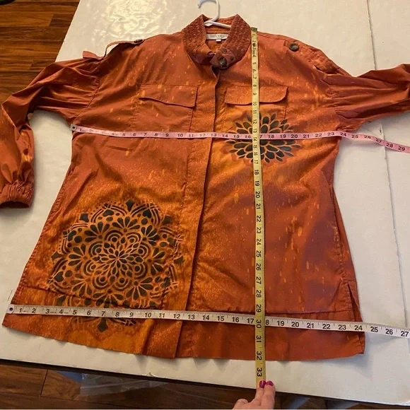 Vintage Upcycled Jacket Womens Size Large Handmade Stencil Floral Orange Brown - Picture 9 of 16